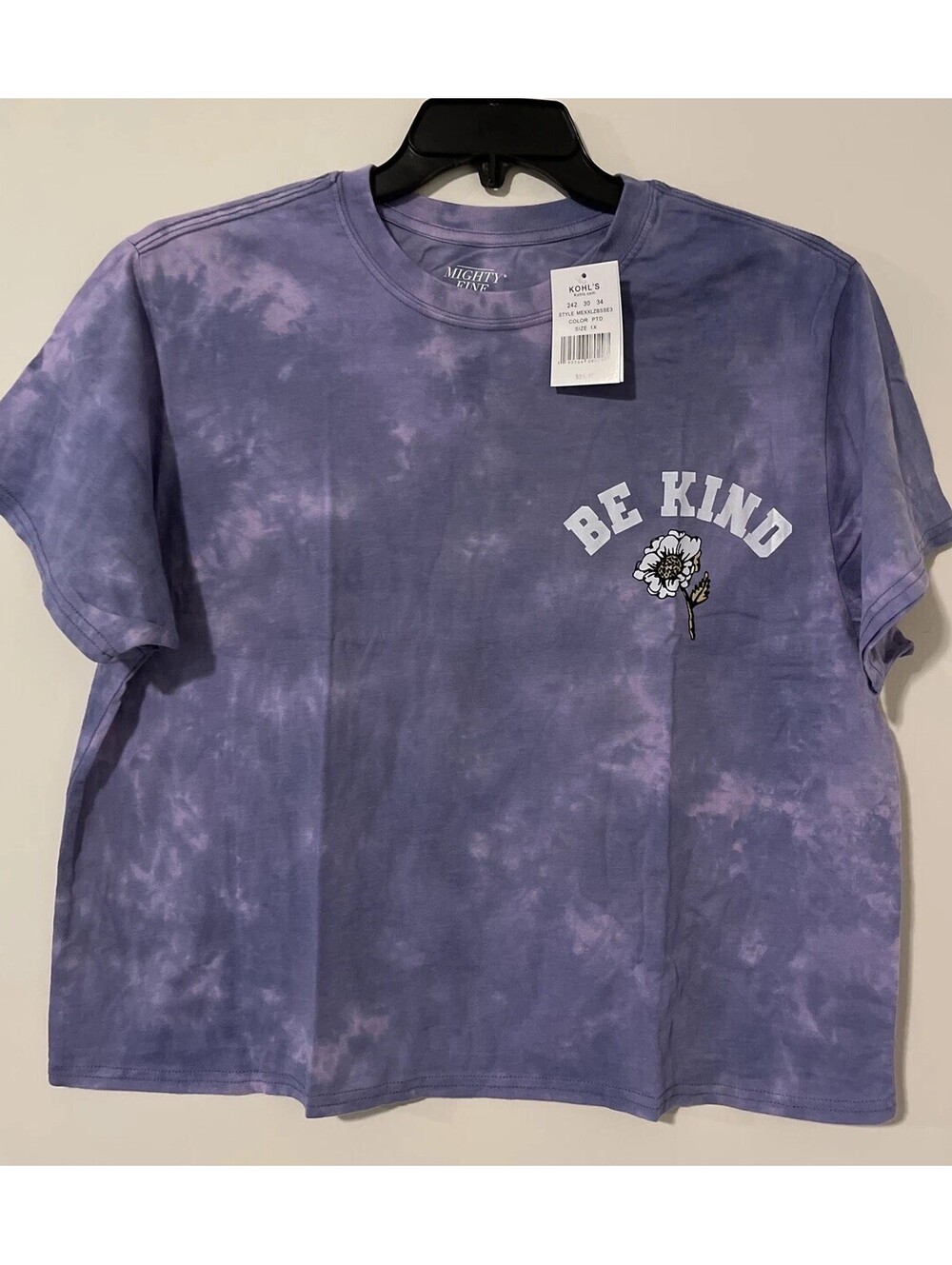 Mighty Fine Womens 1x Purple Tie Dye Short Sleeved Cropped Shirt NWT! A4360